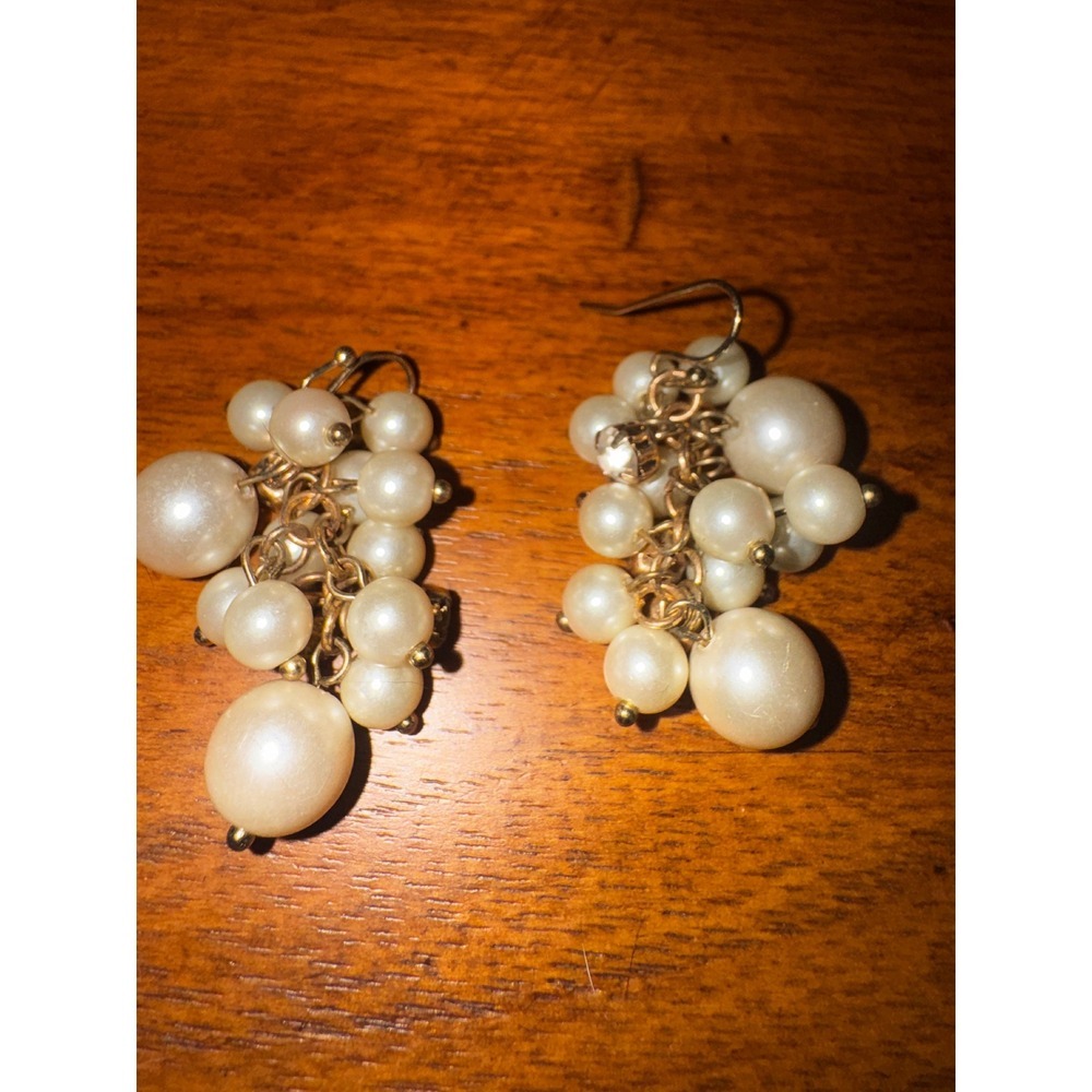 Gold Tone Pearl Cluster Dangle Earrings Faux Pearls Rhinestones